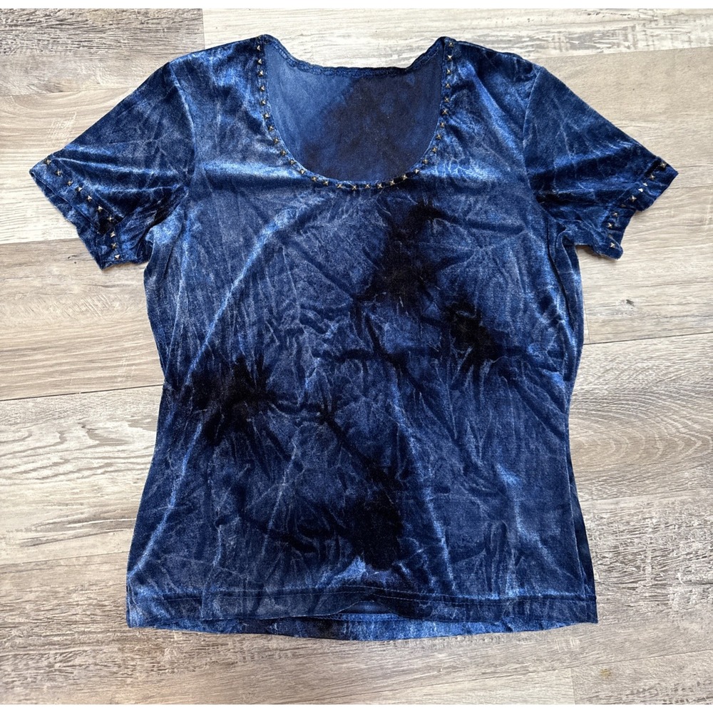 Vintage 90s Velour Knit Top Tye Died Look Acid Wash Blue Grunge Studs Shirt Smal